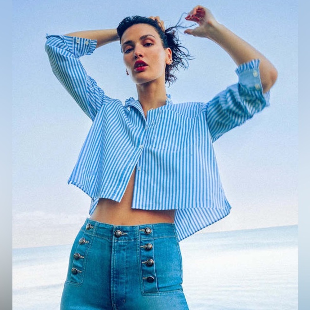 Veronica Beard Whitman Ruffle Button up Shirt Bluebell